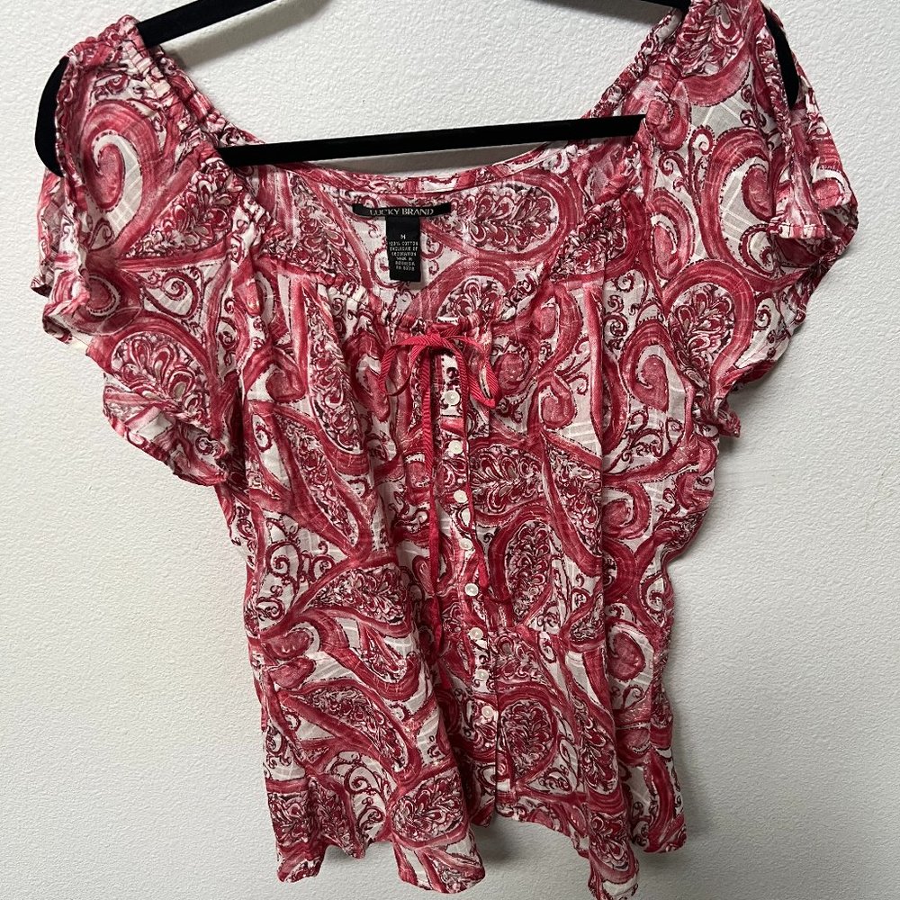 Lucky Brand light weight blouse, red, and white with cute bow.